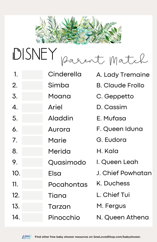 Baby Shower Game: Disney Parent Match