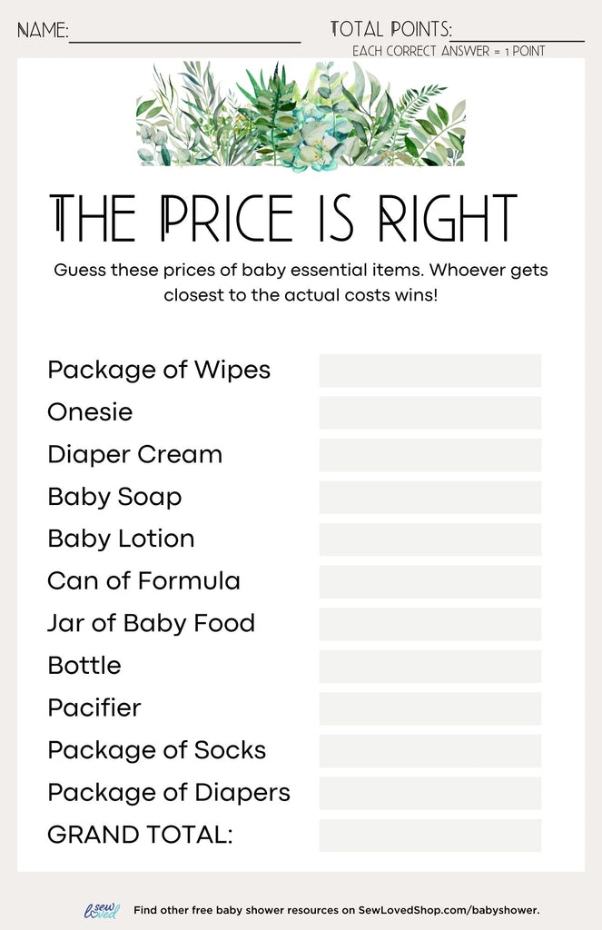 Baby Shower Game: The Price is Right