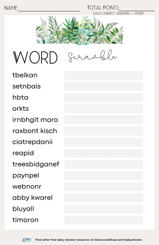 Baby Shower Game: Word Scramble