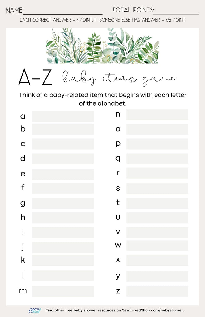 Baby Shower Game: A-Z Baby Items