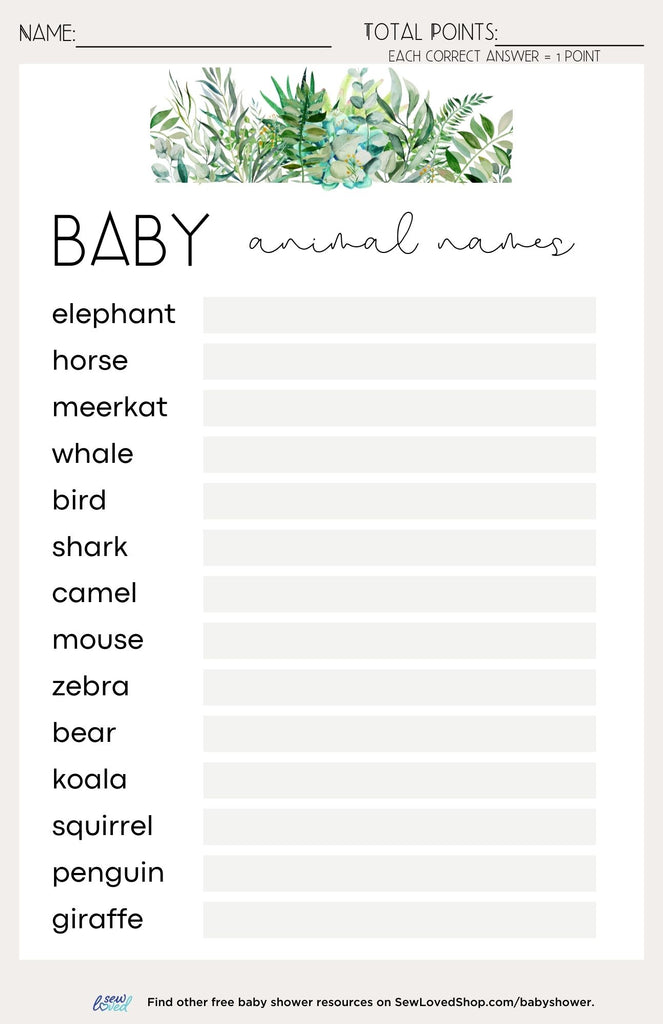 Baby Shower Game: Baby Animal Names