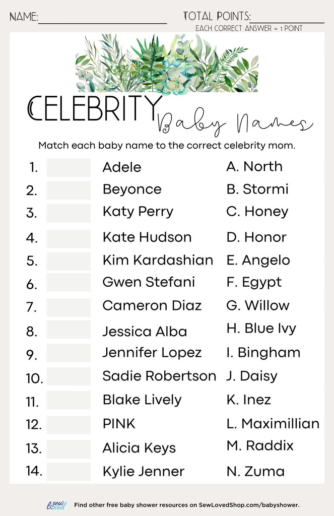 Baby Shower Game: Celebrity Baby Names